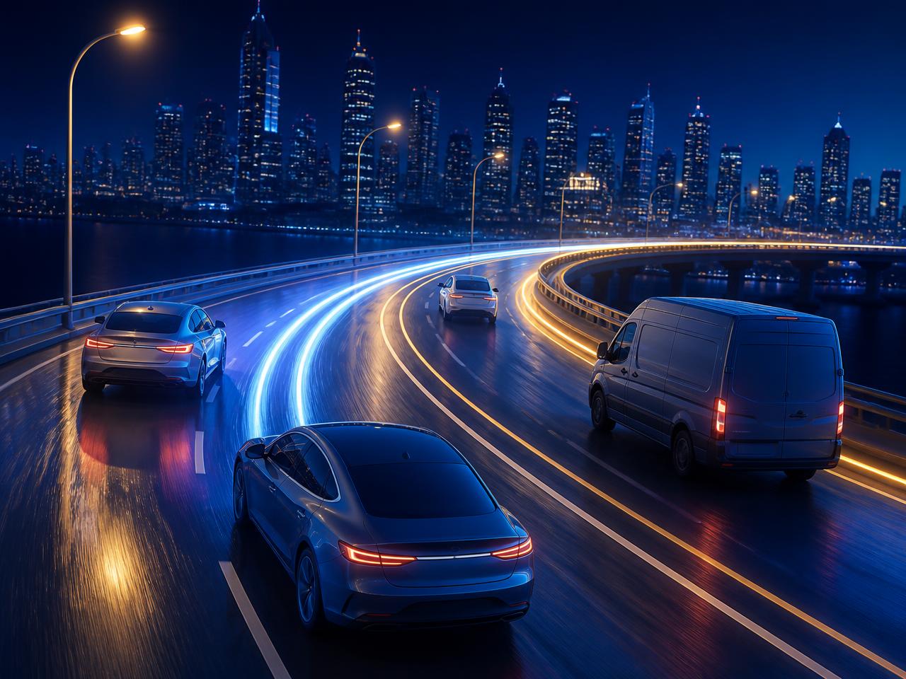 Animated TriActs scene: stylized vehicles on a night highway with blue and gold light trails