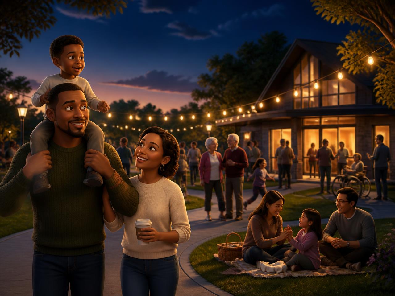 Animated TriActs scene: families gathering in a warmly lit community park at dusk