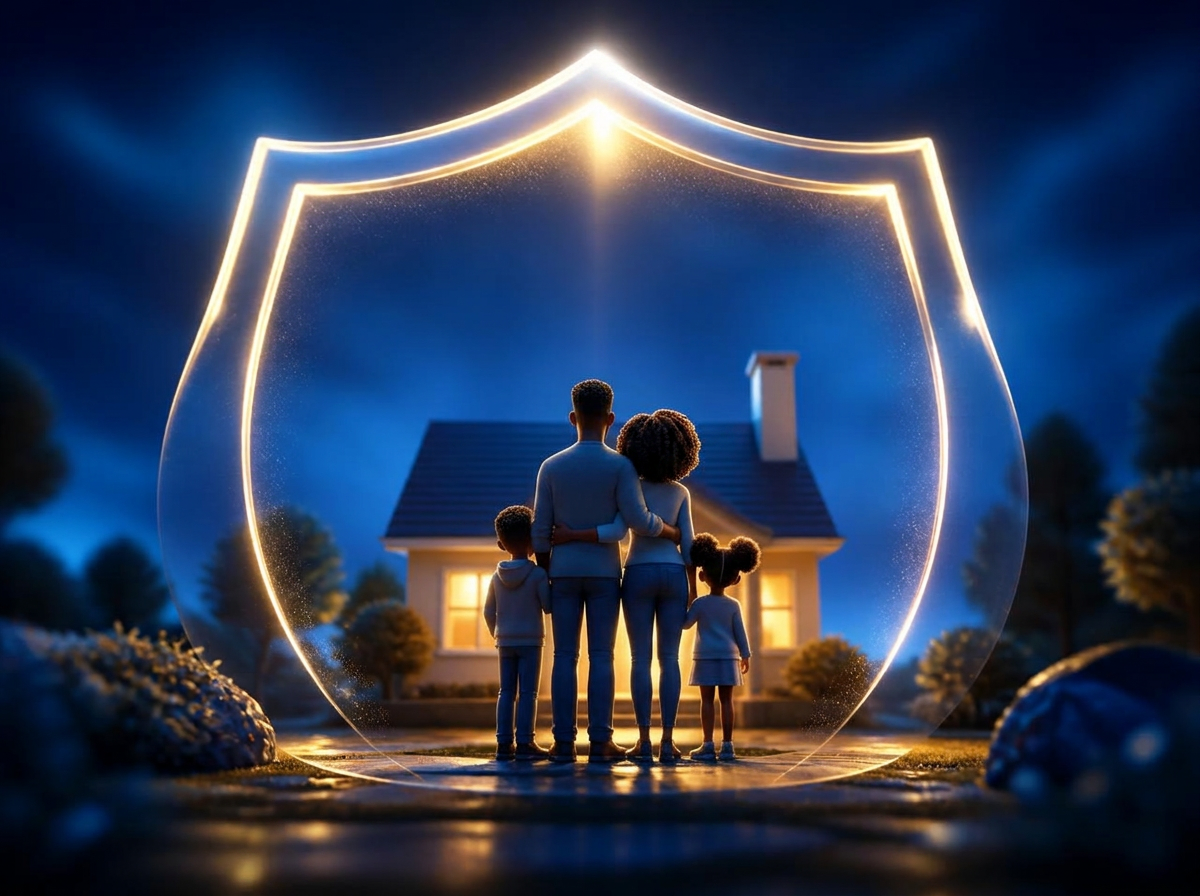 Animated TriActs scene: a glowing protective shield over a family home at night