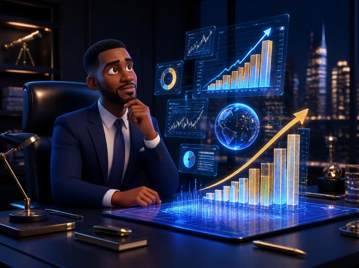 Animated TriActs scene: an executive workspace with glowing charts and business dashboards