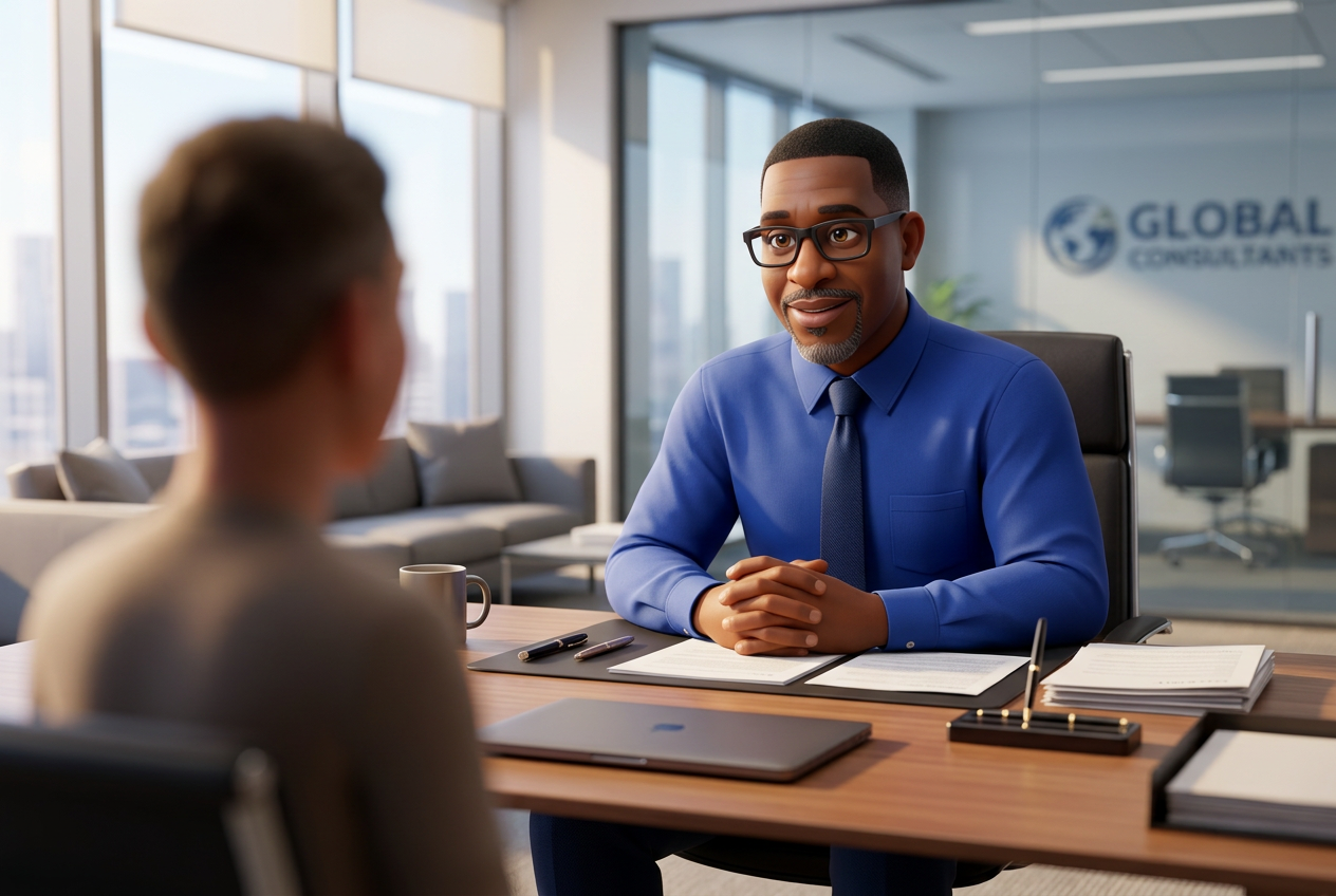TriActs animated scene: an executive listening during a client consultation